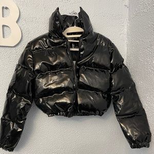 Black Cropped Vinyl Puffer Jacket